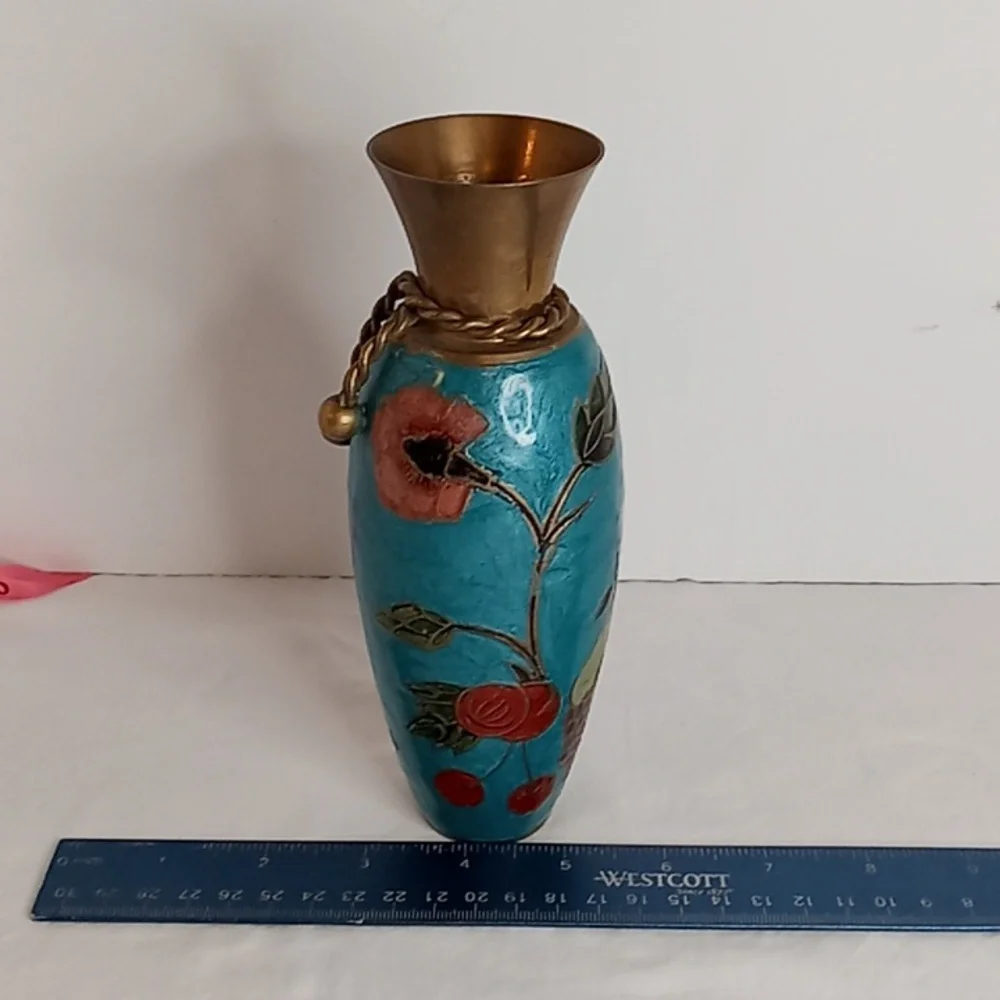 MCM Vintage Hand Painted Floral And Fruit Brass Vase
